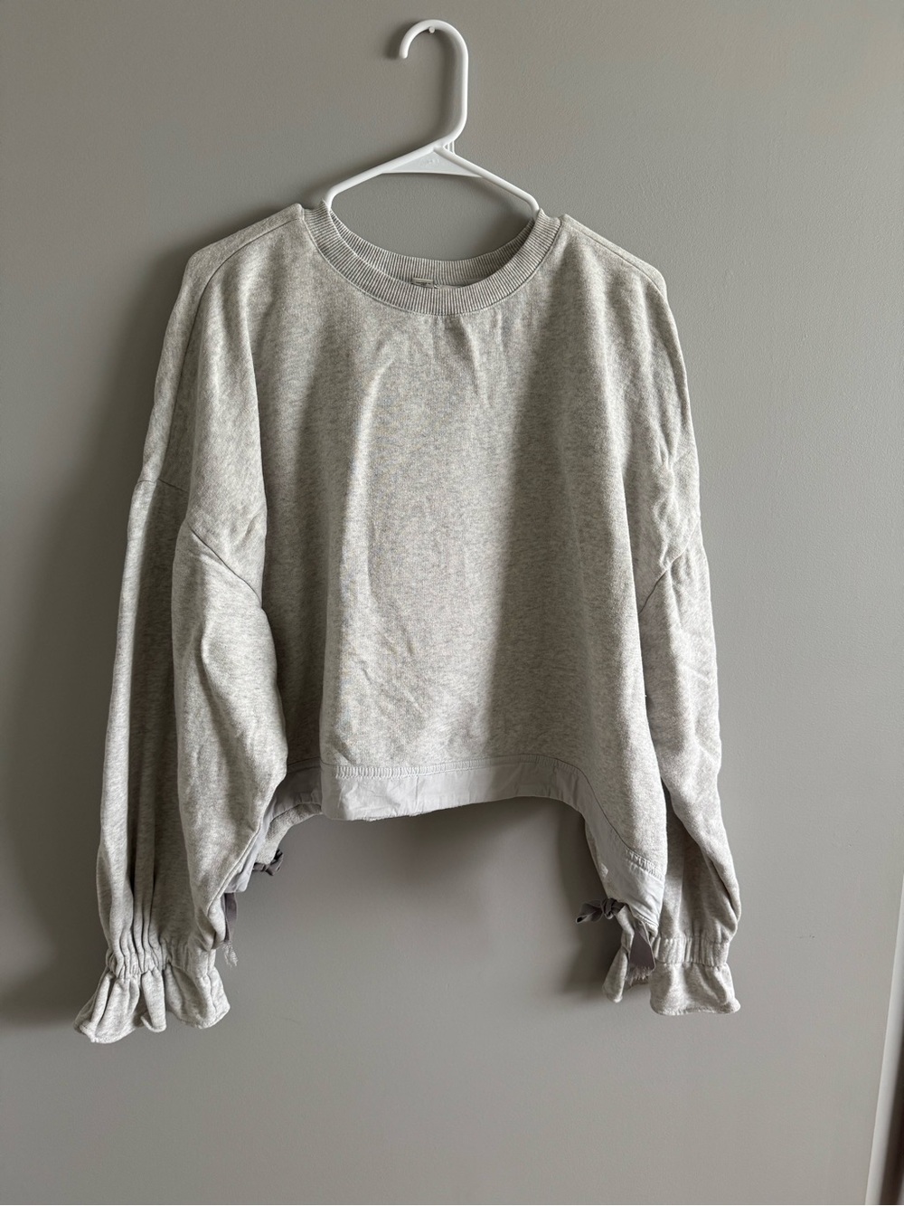 Maeve Light Gray Cropped Sweatshirt with Ruffle Tie Cuffs